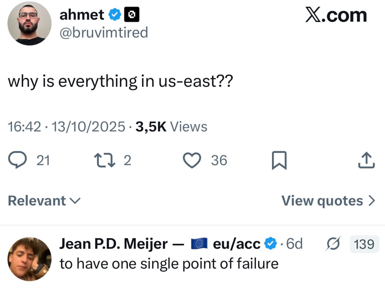 AWS outage 2025: Tweet wondering why everything is in us-east
